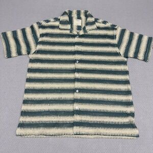 Massive Luxury Mens Green Cream Striped Open Knit Crochet Camp Shirt Medium